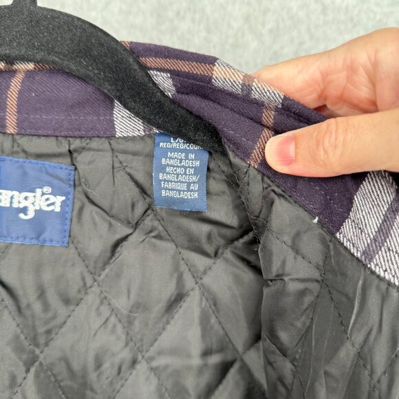 Wrangler Mens Quilted Lined Flannel Shirt Jacket Size L Purple Plaid Pearl Snap - Picture 8 of 14